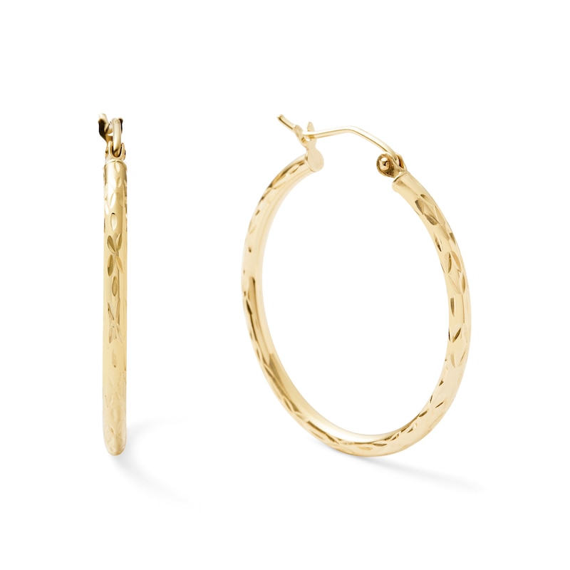 10K Gold 27mm Diamond-Cut Tube Hoop Earrings